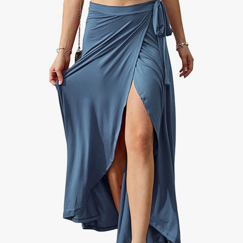 Long, high waisted blue skirt